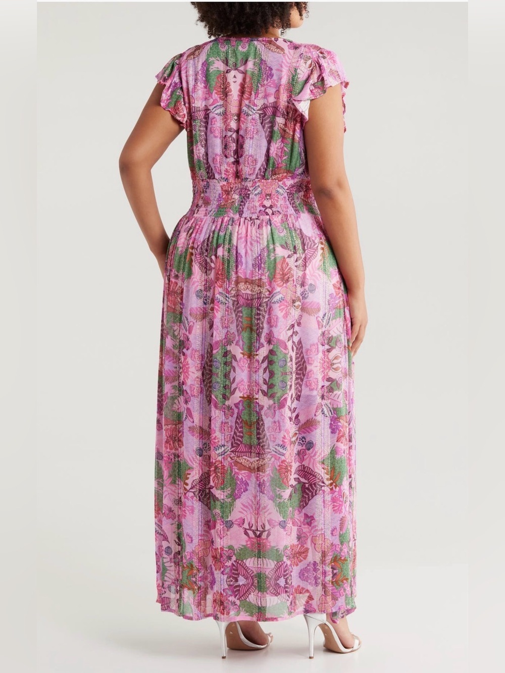 Ciebon Pink Tropical Print Metallic Flutter Cap Sleeve Maxi Dress 1X - Picture 3 of 11